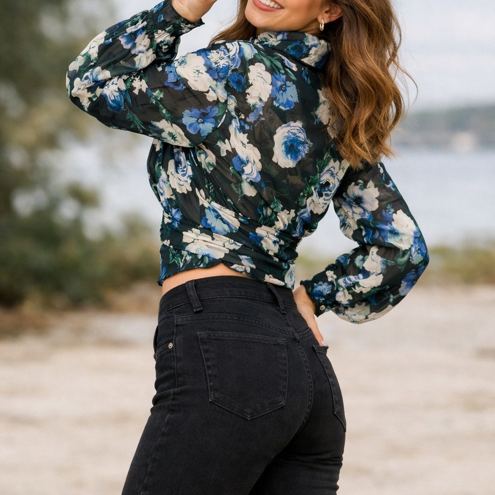ZARA Romantic Sheer Floral Tie Neck Blouse Dark Academia Coquette Top XS S - Picture 2 of 5